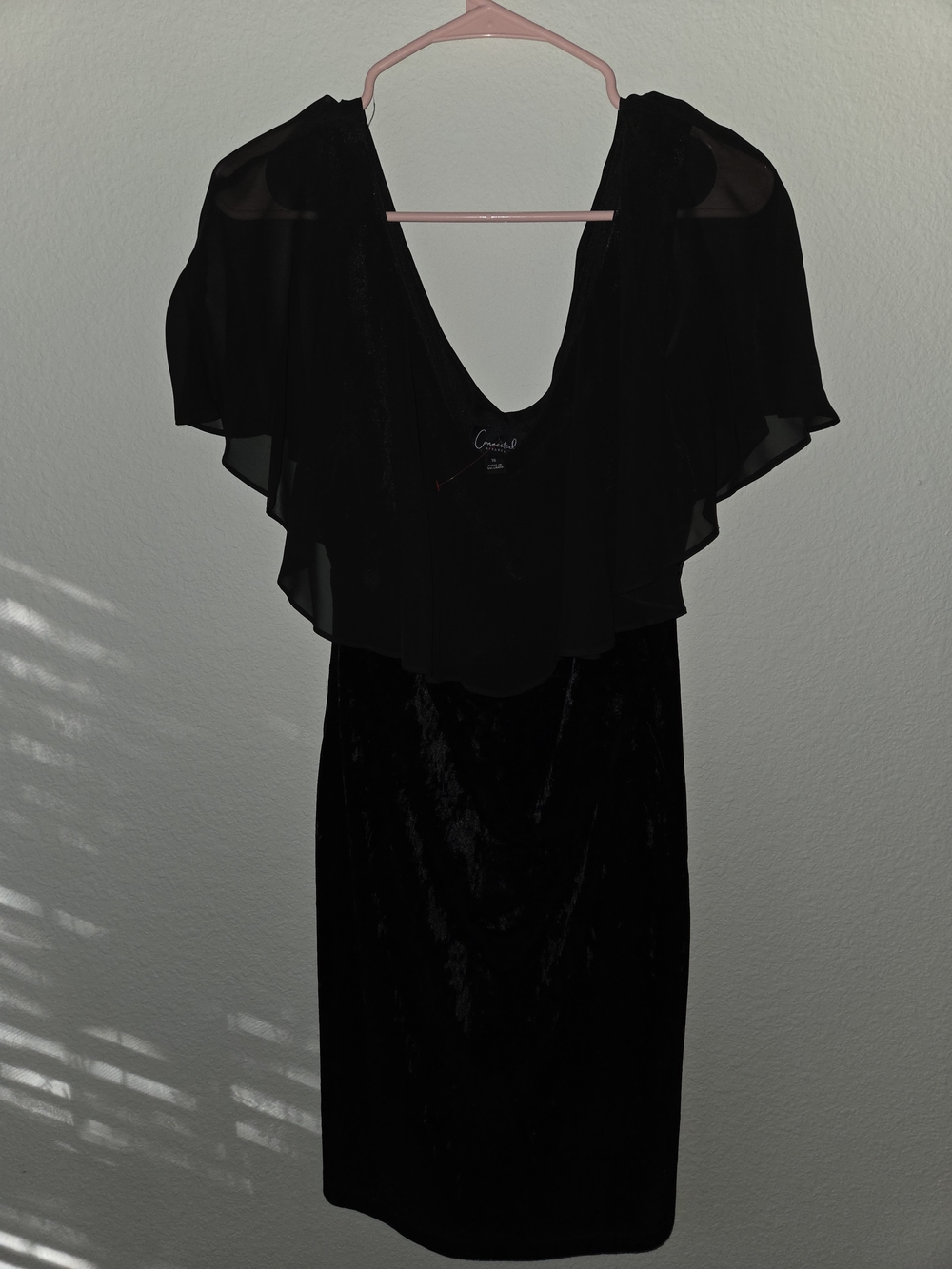 connected apparel Black Velvet Dress with Sheer Ruffle Cape